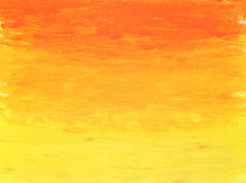 Bright crayon oil pastel drawing yellow to orange red gradient textured background. Vibrant warm colors watercolour abstract shiny summer texture for banner design, juice background