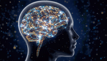 Futuristic transparent human head profile with illuminated glowing brain network symbolizing artificial intelligence, neural activity, and deep learning technology