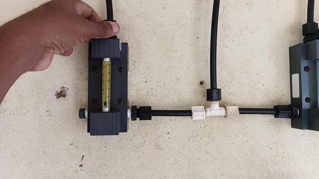 Close-up of a technician's hand manually adjusting a chlorine dosing flow meter on a wall at an industrial water purification facility.