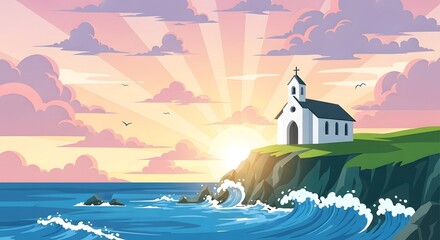 Coastal church on a grassy cliff at sunrise vector illustration