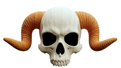 Wooden Skull with Orange Ram Horns