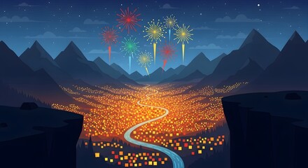 Spectacular night festival with fireworks over a valley of glowing lanterns