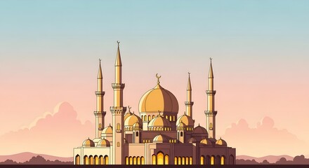Stylized illustration of a majestic mosque at sunrise or sunset