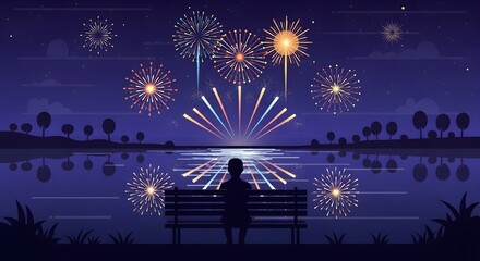 Silhouette of person watching fireworks over water at night