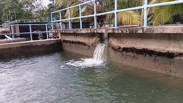 Angled side view of raw water cascading through an inlet into a concrete slow sand filter basin at an industrial water treatment plant.
