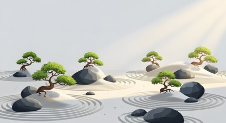 Tranquil minimalist zen garden with bonsai trees and stones