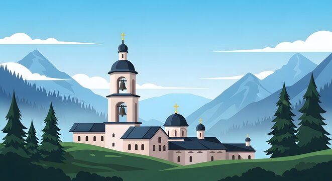 Traditional church in a serene mountain valley landscape vector illustration - Powered by Adobe