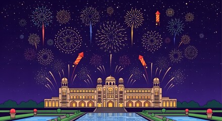 Grand palace illuminated by a festive fireworks display at night illustration