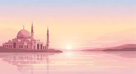 Majestic mosque reflected in calm water at serene sunrise