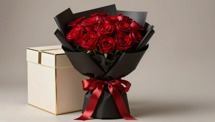 Elegant Red Rose Bouquet with Luxury Gift Box and Silk Ribbon
