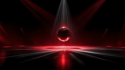 Glittering red basketball under dramatic stage spotlights, Chicago dynamic light trails on dark background, ideal for sports event postersand energetic athletic marketing materials