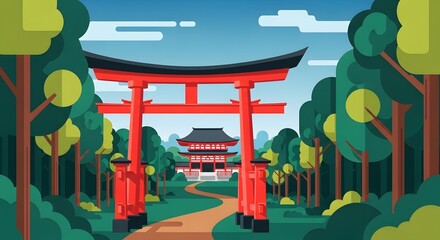 Traditional red torii gate leading to a shrine in a forest vector illustration
