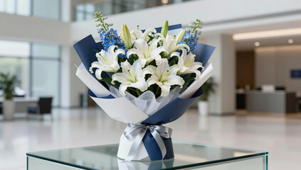 Modern Corporate Gift Bouquet with White Lilies and Blue Accents