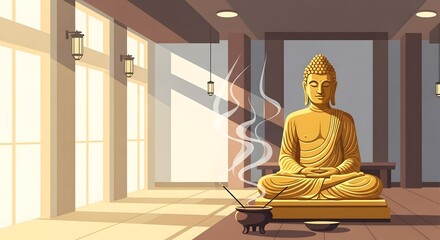 Golden buddha statue in a serene temple with incense and sunlight