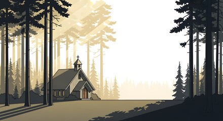 Serene chapel nestled in a misty pine forest clearing illustration