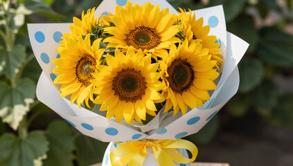 Vibrant Sunflower Bouquet in Polka Dot Gift Wrap for Birthday