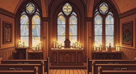 Traditional church interior with stained glass windows and candles illustration