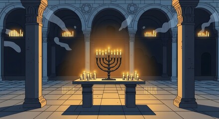 Golden menorah with lit candles in an ancient columned temple hall illustration