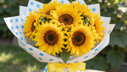 Vibrant Sunflower Bouquet in Polka Dot Gift Wrap for Birthday