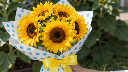 Vibrant Sunflower Bouquet in Polka Dot Gift Wrap for Birthday
