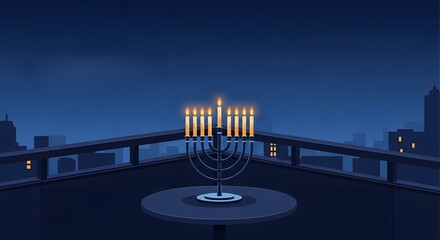 Glowing menorah with nine lit candles on a city rooftop at night