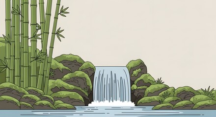 Illustrated zen garden landscape with waterfall and bamboo