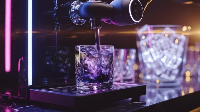 Robotic Arm Pouring a Cherry Liqueur Into a Crystal Whiskey Glass