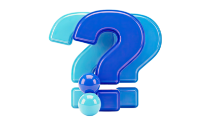 Three Blue Question Marks in a Row with Spheres and Cubes