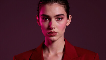 Artistic Fashion Portrait with Bold Pink and Red Studio Lighting