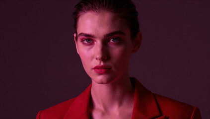 Artistic Fashion Portrait with Bold Pink and Red Studio Lighting