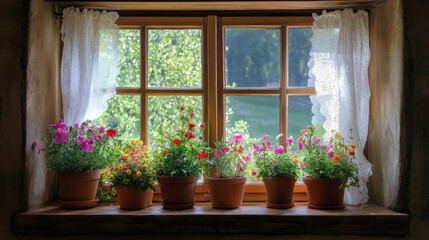 Colorful flowers in pots seen from a sunny window during daytime in a garden setting