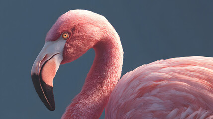 Fototapeta premium Elegant Flamingo in Profile: A close-up view of a vibrant pink flamingo against a tranquil blue backdrop. The bird's graceful neck and unique beak are showcased.