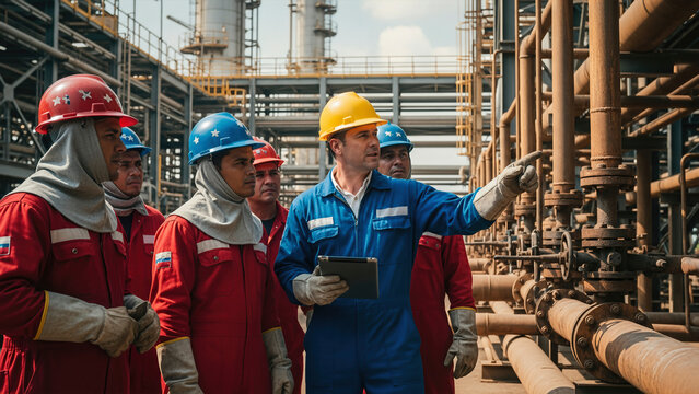 A professional engineer in a blue uniform and yellow hard hat uses a digital tablet while leading a team of industrial workers during an inspection at an oil refinery or chemical plant.
