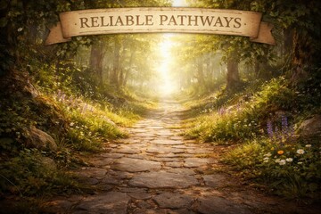 A stone pathway winds through a sunlit forest surrounded by trees and blooming flowers. Light filters through the foliage.