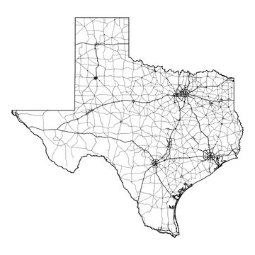 Texas State Map Road Network Vector SVG Black Lines Wireframe Transparent Background Isolated Minimalist Cartography