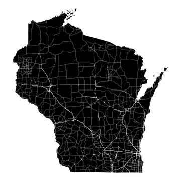 Wisconsin State Map Road Network Vector SVG Black Silhouette White Highway Lines Transparent Background Isolated Minimalist Cartography