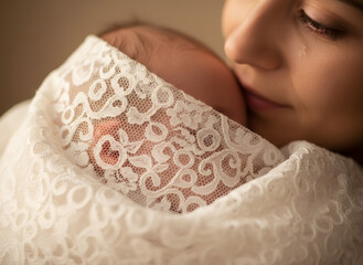 Caucasian woman crying holding her newborn baby wrapped in delicate white lace blanket. New mother feeling emotional on Mothers Day.