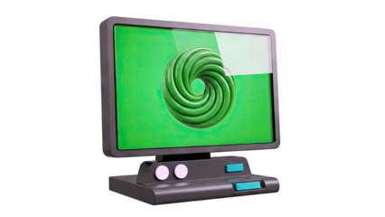 Retro computer with green screen and swirling orb