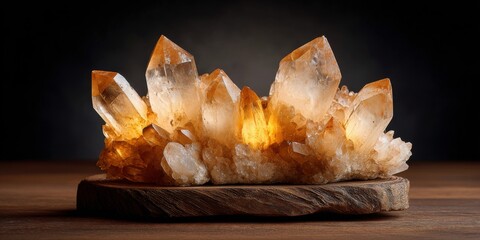 A stunning display of clear quartz crystals with warm illumination, elegantly arranged on a wooden base, creating an enchanting natural centerpiece.