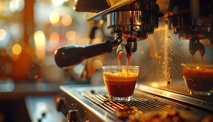 Espresso machine brewing a rich, dark coffee into a small glass cup.