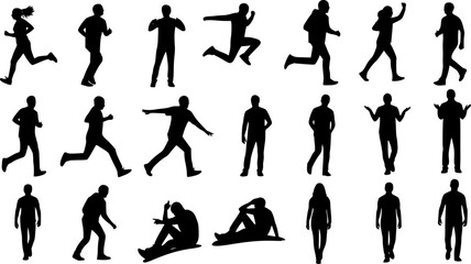 unrecognizable people silhouettes in different poses on isolated white background