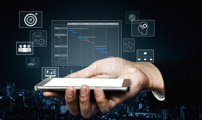 Project management dashboard showing timeline, tasks, milestones, and workflows for planning,...