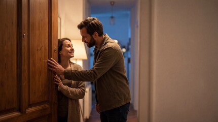 Couple smiling and embracing while standing by the front door  