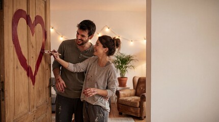Young couple painting heart on wooden door in cozy home setting  