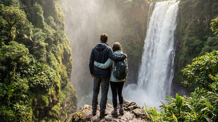 Couple standing together by a waterfall in a lush green forest  