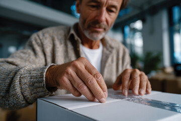 A mature man thoughtfully sealing a parcel in a modern office, illustrating diligence and precision in everyday tasks within a workspace environment.