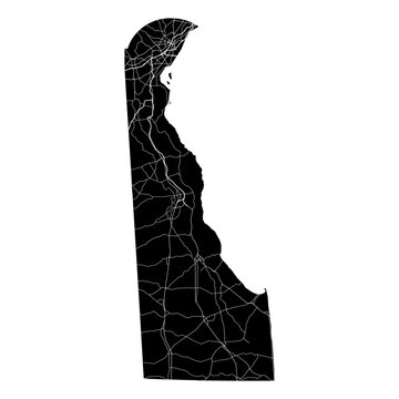 Delaware State Map Road Network Vector SVG Black Silhouette White Highway Lines Transparent Background Isolated Minimalist Cartography