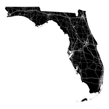 Florida State Map Road Network Vector SVG Black Silhouette White Highway Lines Transparent Background Isolated Minimalist Cartography