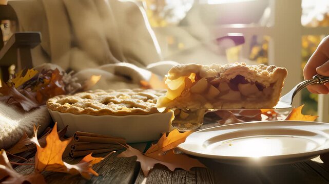 Hand Serves Slice of Fresh Baked Apple Pie Outdoors in Autumn
