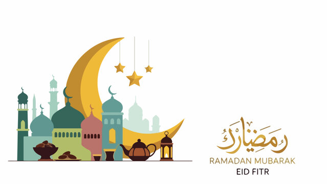 A colorful illustration of a mosque and crescent moon